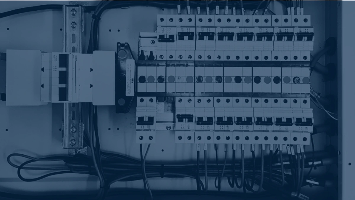 Electrical circuit breaker panel with wires and switches
